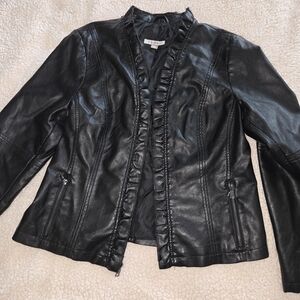 Roz & Ali Black Faux Leather Ruffle-Trim Jacket